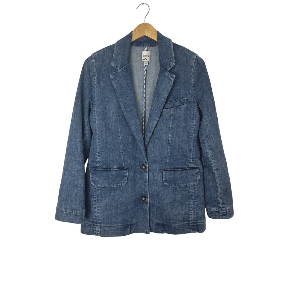 Maeve Denim Two Button Blazer Womens Small Light Distressing Stretch Anthro Boho